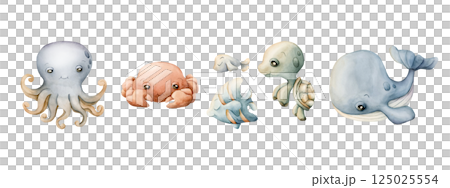 Sea Animals Whale Octopus Turtle Crab Fishes Watercolor Clipart isolated on white. Cute ocean marine creatures hand drawn illustration set for kids nursery decor wall sticker undersea baby shower Sea Animals Whale Octopus Turtle Crab Fishes Watercolor Clipart isolated on white. Cute ocean marine creatures hand drawn illustration set for kids nursery decor wall sticker undersea baby shower 125025554