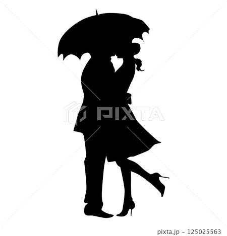 Silhouette of loving couple standing under an umbrella Silhouette of loving couple standing under an umbrella 125025563