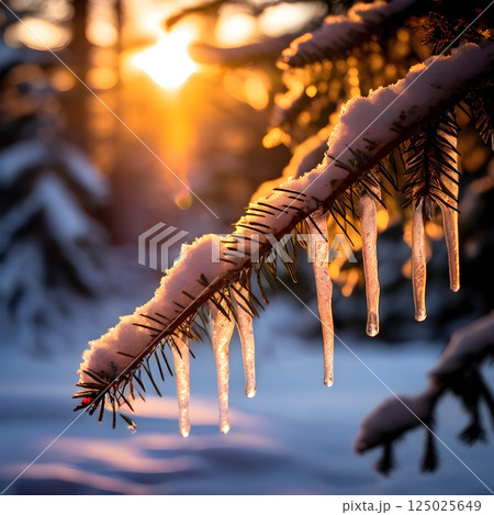 Winter Glow: Pine Tree Icicles at Sunsetのイラスト素材 [125025649] - PIXTA