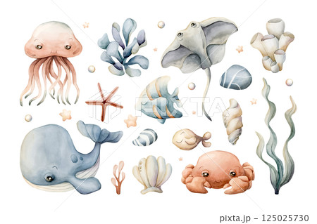Sea animals and plants clipart set. Cute Ocean Whale Jellyfish Stingray Crab Angelfish Seaweed Coral Shell Watercolor hand drawn isolated illustration for kids nursery wall baby shower undersea design 125025730
