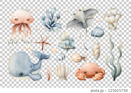 Sea animals and plants clipart set. Cute Ocean Whale Jellyfish Stingray Crab Angelfish Seaweed Coral Shell Watercolor hand drawn isolated illustration for kids nursery wall baby shower undersea design 125025730