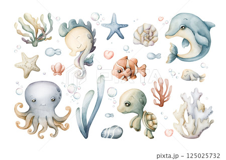 Sea animals and plants clipart set. Cute Ocean Dolphin Octopus Seahorse Turtle Clown fish Seaweed Coral Shell Watercolor hand drawn isolated illustration for kids nursery baby shower undersea design 125025732