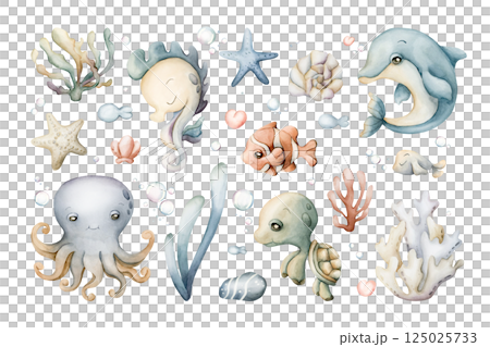 Sea animals and plants clipart set. Cute Ocean Dolphin Octopus Seahorse Turtle Clown fish Seaweed Coral Shell Watercolor hand drawn isolated illustration for kids nursery baby shower undersea design 125025733