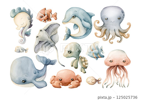 Sea Animals Whale Dolphin Turtle Watercolor Clipart isolated on white. Cute ocean marine creatures jellyfish, seahorse, octopus, crab hand drawn. Fishes set of illustration for kids nursery wall decor 125025736
