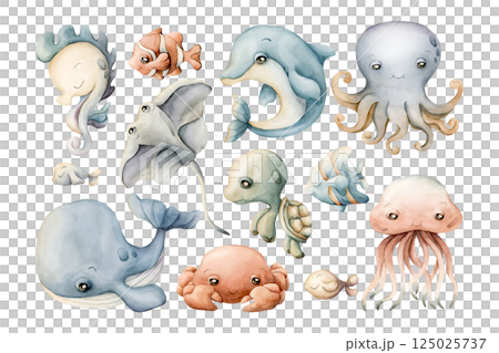Sea Animals Whale Dolphin Turtle Watercolor Clipart isolated on white. Cute ocean marine creatures jellyfish, seahorse, octopus, crab hand drawn. Fishes set of illustration for kids nursery wall decor Sea Animals Whale Dolphin Turtle Watercolor Clipart isolated on white. Cute ocean marine creatures jellyfish, seahorse, octopus, crab hand drawn. Fishes set of illustration for kids nursery wall decor 125025737