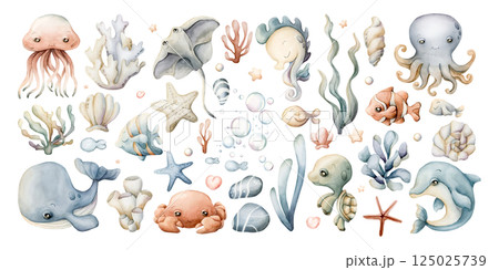 Sea animals and plants clipart. Cute Ocean Marine inhabitants set. Adorable underwater world creatures. Watercolor hand painted isolated illustration for kids nursery wall decor sticker baby shower 125025739