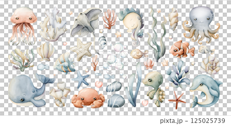 Sea animals and plants clipart. Cute Ocean Marine inhabitants set. Adorable underwater world creatures. Watercolor hand painted isolated illustration for kids nursery wall decor sticker baby shower 125025739