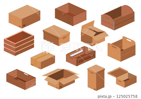 Wooden and cardboard boxes set in flat graphic design. Collection isolated elements with empty packaging, opened and closed containers, shipping packages, crates and parcels. Vector illustration. Wooden and cardboard boxes set in flat graphic design. Collection isolated elements with empty packaging, opened and closed containers, shipping packages, crates and parcels. Vector illustration. 125025758