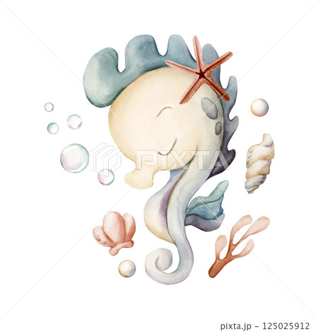 Cute Seahorse with Sea Starfish Shells Pearls and Water Bubbles. Ocean marine animals. Adorable underwater world creatures. Watercolor hand painted isolated illustration for kids nursery baby shower 125025912