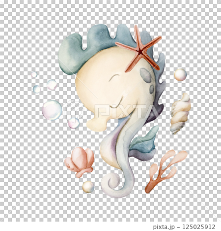 Cute Seahorse with Sea Starfish Shells Pearls and Water Bubbles. Ocean marine animals. Adorable underwater world creatures. Watercolor hand painted isolated illustration for kids nursery baby shower 125025912