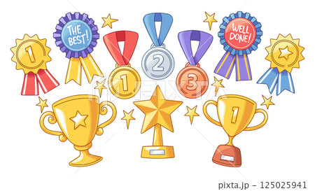 Hand drawn trophies, medallions badge and medals set for award ceremony of honor and success Hand drawn trophies, medallions badge and medals set for award ceremony of honor and success 125025941