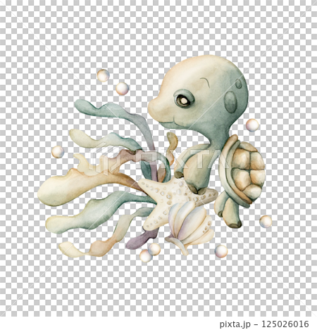 Cute Turtle with seaweed algae starfish sea shell and pearls. Adorable marine ocean underwater world. Watercolor hand painted isolated illustration for kids nursery wall decor sticker baby shower 125026016