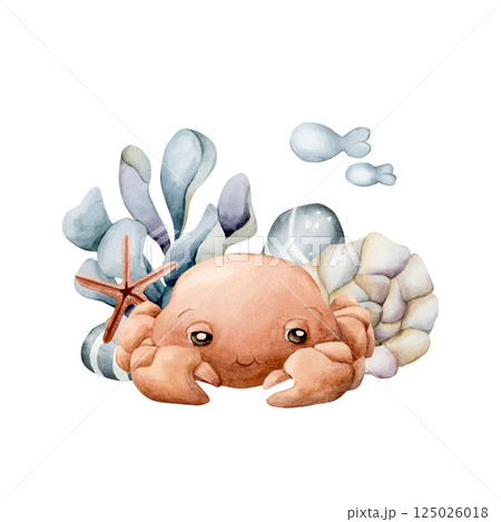 Cute Crab Seaweed Algae Sea Shell Starfish Fish and Pebbles. Ocean marine animals. Adorable underwater world. Watercolor hand painted isolated illustration for kids nursery decor stickers baby shower 125026018