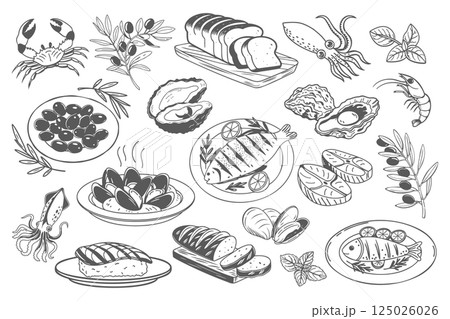 Set of hand drawn simple Mediterranean food. Fish seafood oysters cheese olives bread. Sketch, illustration for cafe or restaurant menu design. 125026026
