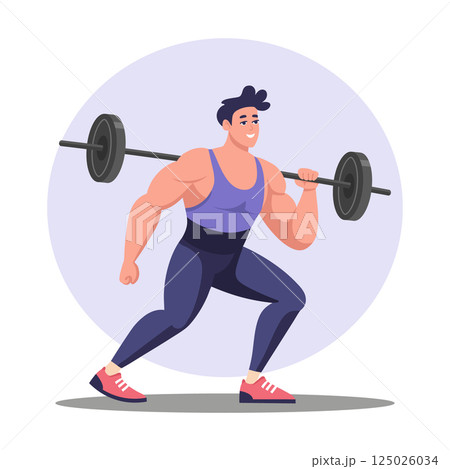 Fitness. Man doing exercises with a barbell. Man lifting weights in the gym. Sports and lifestyle. Fitness. Man doing exercises with a barbell. Man lifting weights in the gym. Sports and lifestyle. 125026034