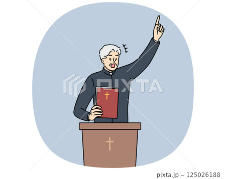 Priest with bible shouts and standing behind podium with christian catholic crucifix. 125026188