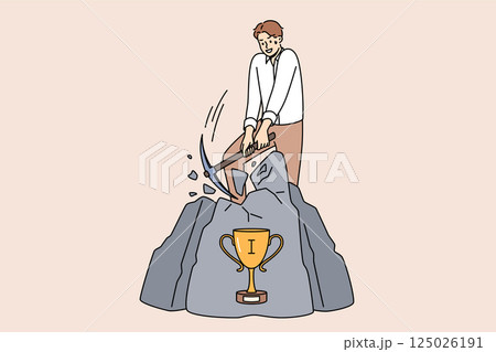 Challenge for business man who wants to get trophy hidden in rock and achieve success in life Challenge for business man who wants to get trophy hidden in rock and achieve success in life 125026191