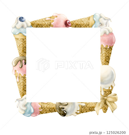 Cute ice cream waffle cone frame. Watercolor hand painted food illustration isolated on white background for kids birthday, baby shower party card invitation nursery decor, summer delicious prints Cute ice cream waffle cone frame. Watercolor hand painted food illustration isolated on white background for kids birthday, baby shower party card invitation nursery decor, summer delicious prints 125026200