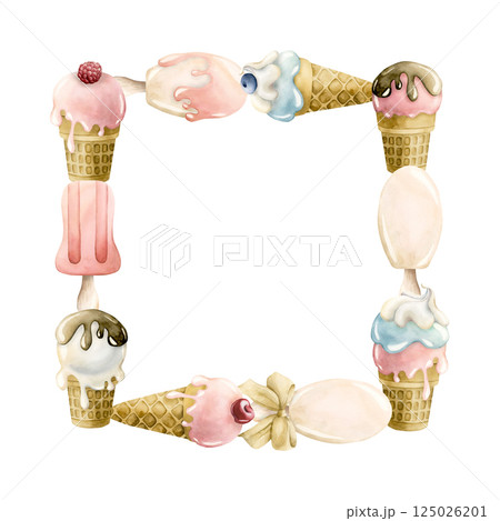 Cute ice cream popsicle frame. Watercolor hand painted summer food illustration isolated on white background for kids birthday, baby shower party card invitation nursery decor, summer delicious prints Cute ice cream popsicle frame. Watercolor hand painted summer food illustration isolated on white background for kids birthday, baby shower party card invitation nursery decor, summer delicious prints 125026201