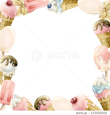Cute ice cream popsicle frame. Watercolor hand painted summer food illustration isolated on white background for kids birthday, baby shower party card invitation nursery decor, summer delicious prints 125026202