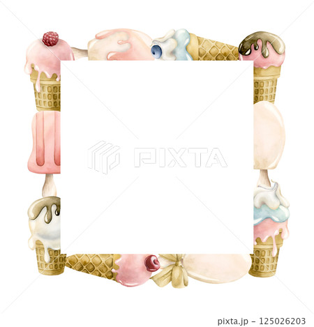 Cute ice cream popsicle frame. Watercolor hand painted summer food illustration isolated on white background for kids birthday, baby shower party card invitation nursery decor, summer delicious prints 125026203