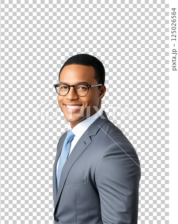 A confident African American man with short natural hair and glasses, wearing a formal charcoal gray business jacket and white 125026564