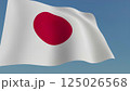A close-up of the waving Japanese flag against a blue sky, detailing the texture of the fabric and the dynamics of the flag's movement	 125026568