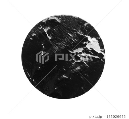 Black old scratched round paper sticker isolated on white background Black old scratched round paper sticker isolated on white background 125026653