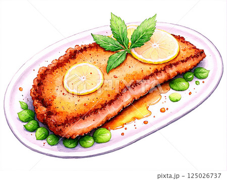 Pork Schnitzel - Crispy Pork Schnitzel with a golden-brown breadcrumb crust, served with fresh lemon and parsley, rich brown Pork Schnitzel - Crispy Pork Schnitzel with a golden-brown breadcrumb crust, served with fresh lemon and parsley, rich brown 125026737