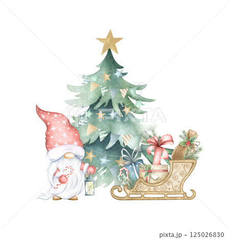 Christmas gnome with lantern and candy cane, spruce with garlands with triangle and star-shaped flags, wooden sledge with gift boxes. Watercolor isolated illustration for Happy New Year greeting card. Christmas gnome with lantern and candy cane, spruce with garlands with triangle and star-shaped flags, wooden sledge with gift boxes. Watercolor isolated illustration for Happy New Year greeting card. 125026830