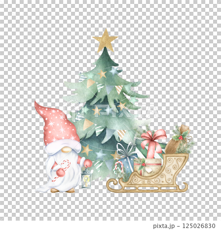 Christmas gnome with lantern and candy cane, spruce with garlands with triangle and star-shaped flags, wooden sledge with gift boxes. Watercolor isolated illustration for Happy New Year greeting card. Christmas gnome with lantern and candy cane, spruce with garlands with triangle and star-shaped flags, wooden sledge with gift boxes. Watercolor isolated illustration for Happy New Year greeting card. 125026830