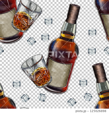 Seamless pattern with whiskey bottle, glass, and ice cubes Seamless pattern with whiskey bottle, glass, and ice cubes 125026898