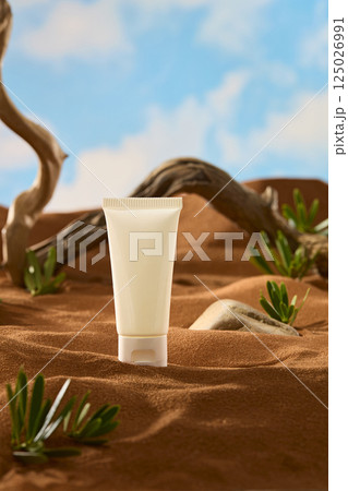 Frontal shot of a tube placed on a sand beach. Dry roots, green leaves of plants and rough rocks are hidden by the sand. The tree trunks are curved and lying all over the sand. Empty space for text.  125026991