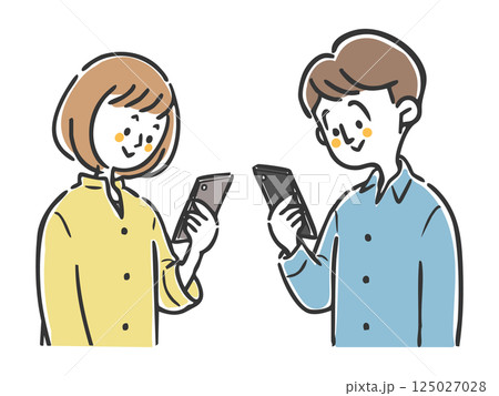 スマホを見る夫婦 上半身 ベクター スマホを見る夫婦 上半身 ベクター 125027028