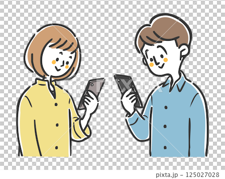 一對夫婦正在看智慧型手機，上身，向量圖 125027028