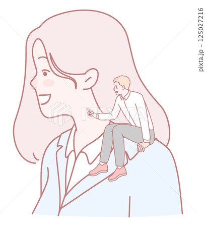 A Whimsical Illustration Featuring a Small Person Comfortably Sitting on a Womans Shoulder A Whimsical Illustration Featuring a Small Person Comfortably Sitting on a Womans Shoulder 125027216