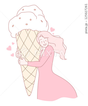 A Joyful Woman Happily Embracing a Giant, Colorful Ice Cream Cone with Delight and Enthusiasm A Joyful Woman Happily Embracing a Giant, Colorful Ice Cream Cone with Delight and Enthusiasm 125027261