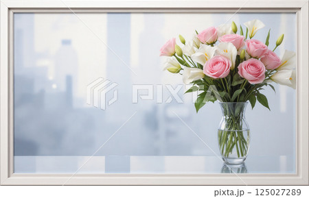 Honeymoon Romance (Roses Orchids Calla Lilies) delicate, tall vase with water in soft champagne hues, holding a romantic 125027289