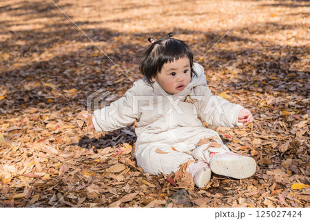 【落ち葉で敷き詰められた冬の公園で遊ぶ1歳児 座る】 【落ち葉で敷き詰められた冬の公園で遊ぶ1歳児 座る】 125027424