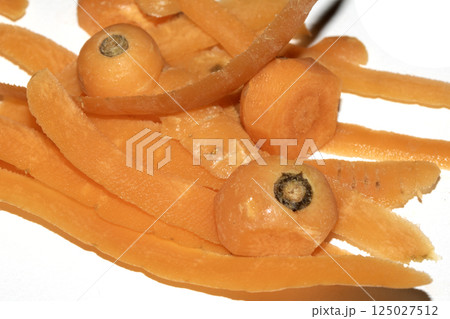 Close up of carrot scrap peelings food waste for compost on white background Close up of carrot scrap peelings food waste for compost on white background 125027512