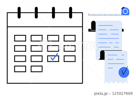 Calendar with dates and a checkmark, alongside two receipts and a measuring tape. Ideal for scheduling, expense tracking, project management, time management, and planning. Modern and clean style 125027609