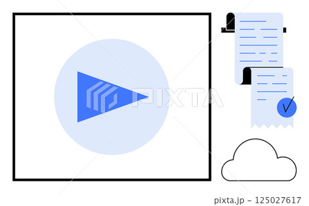 A blue play button inside a square, documents with a check mark, and a cloud icon. Ideal for media streaming, document management, cloud storage, online services, digital solutions. Minimalist vector 125027617