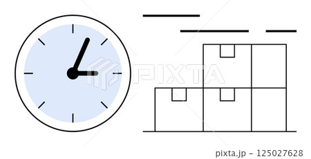 Clock showing efficient time management alongside stacked boxes representing organized inventory. Ideal for logistics, warehouse management, supply chain optimization, time management workflows Clock showing efficient time management alongside stacked boxes representing organized inventory. Ideal for logistics, warehouse management, supply chain optimization, time management workflows 125027628