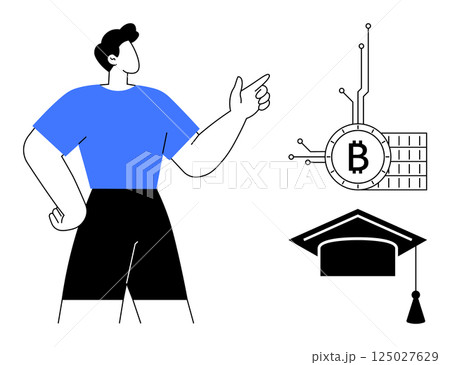A person is pointing towards symbols of Bitcoin and a graduation cap. Ideal for blockchain, cryptocurrency education, financial literacy, digital currency, online learning. Minimalist style A person is pointing towards symbols of Bitcoin and a graduation cap. Ideal for blockchain, cryptocurrency education, financial literacy, digital currency, online learning. Minimalist style 125027629