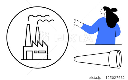 Factory with smoke, woman pointing, and telescope. Ideal for industrial awareness, environmental discussions, communication, searching or exploration, and observation activities. Simple modern style 125027682