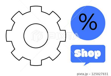 Large gear icon next to a blue percentage symbol and a blue speech bubble with the word Shop. Ideal for e-commerce, discounts, promotions, sales, and cyber themes. Minimalist vector style 125027831