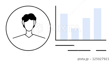 Avatar of person beside bar graph with four vertical bars indicating data and performance metrics. Ideal for business analytics, user profiles, data visualization, performance tracking, demographic 125027921