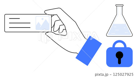 Hand holding an ID card with a flask and lock symbol beside it. Ideal for security, science, research, identification, and authentication themes. Simplistic style with blue and black elements Hand holding an ID card with a flask and lock symbol beside it. Ideal for security, science, research, identification, and authentication themes. Simplistic style with blue and black elements 125027925