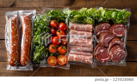 Assorted Packaged Meat and Fresh Vegetables on Display 125028060