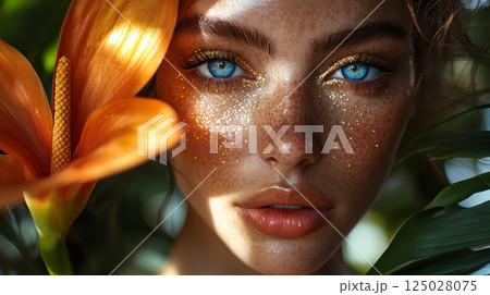 Freckled Woman with Glitter Makeup and Tropical Flower 125028075